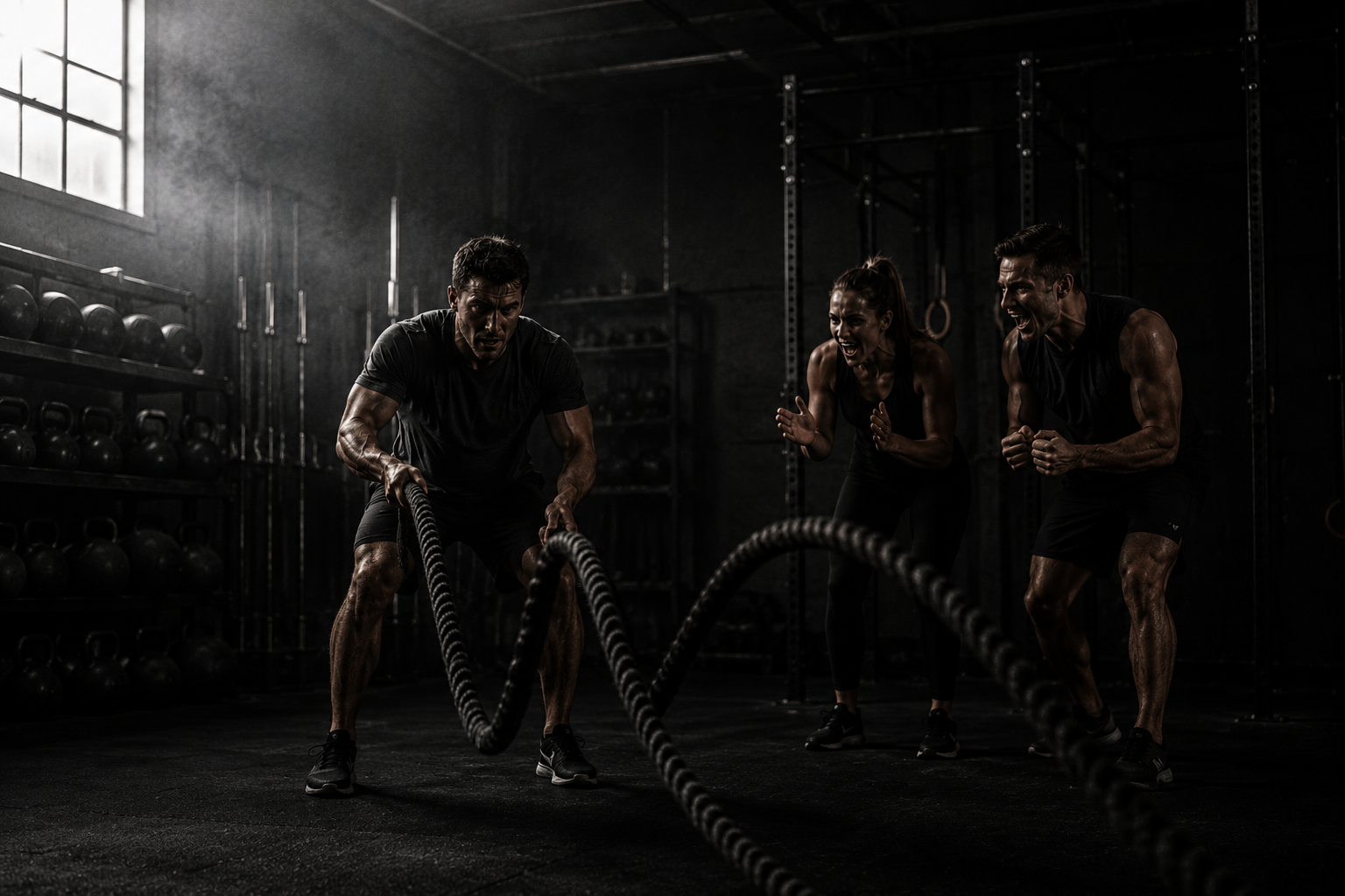 Training partners encouraging an athlete during a battle-rope session