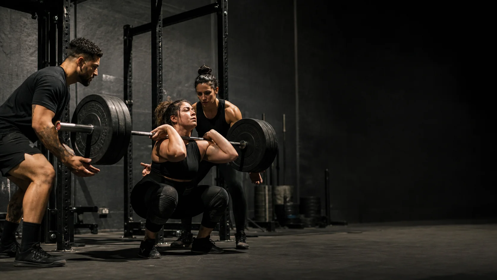 Strength athletes training together around a squat rack